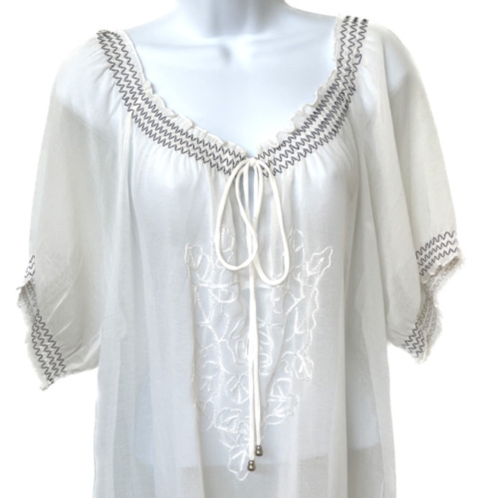 Katies Top Size 12 Lace Sheer Beige  Short Sleeve Faux Smocking Elastic in Blue